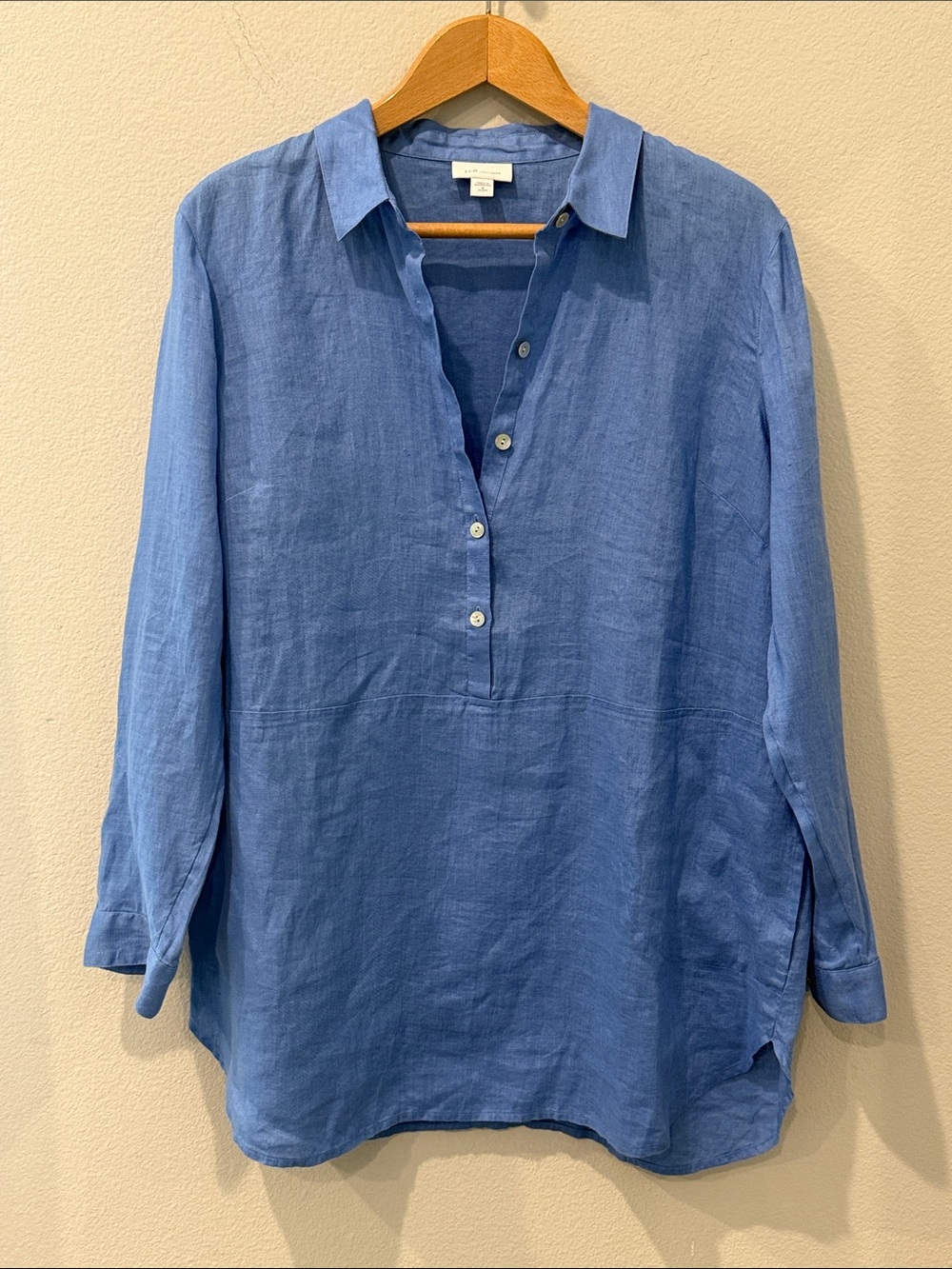 J. Jill Relaxed Blue Linen Popover Tunic Shirt Medium Petite 1/2 Button Placket